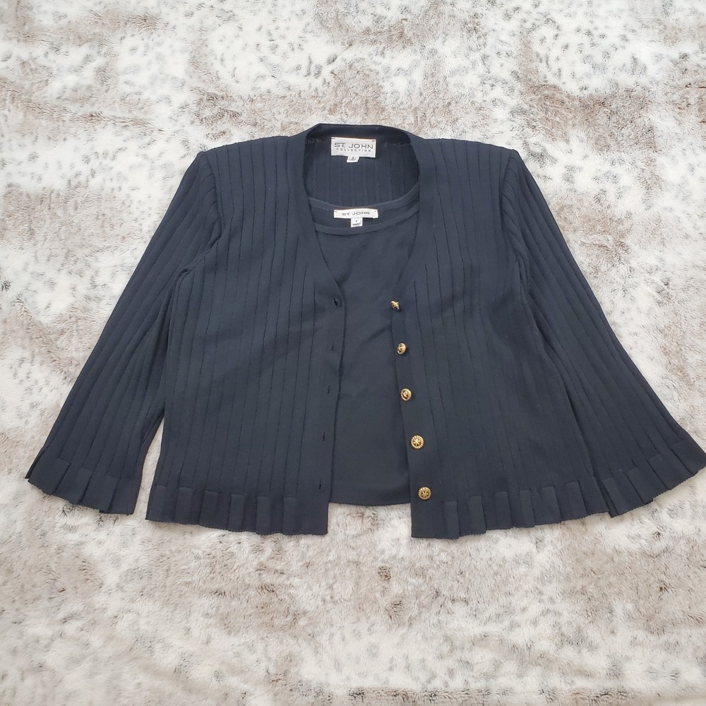 St. John Black Cardigan & Tank Top Set Size 8/Small Ribbed Ruffled Edges Wool